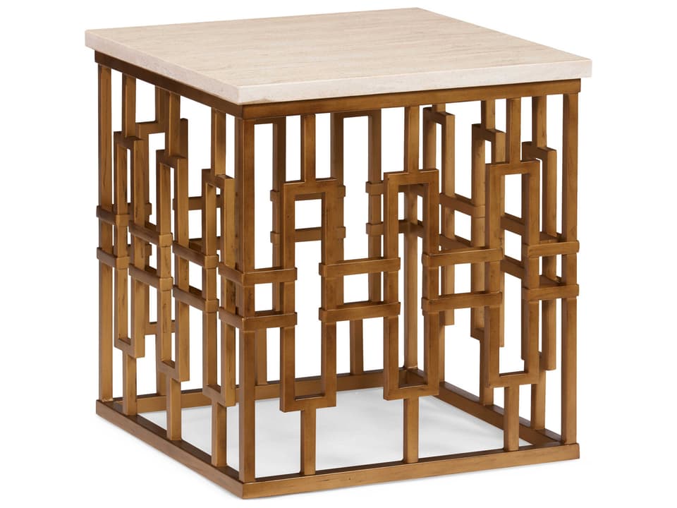 Chicklet Square End Table in Aged Gold with Travertine Top