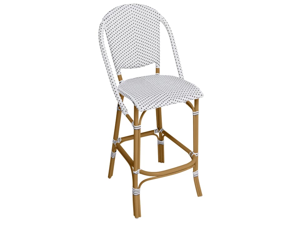 Alu Affaire Aluminum Almond Sofie Stackable Outdoor Bar Stool in White/Cappuccino Dots