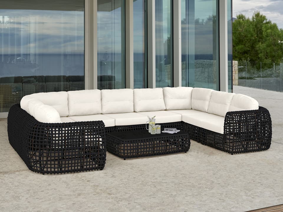 Dynasty 10-Piece Modular Outdoor Sectional Sofa with Sunbrella Cushions and Tempered Glass Coffee Table