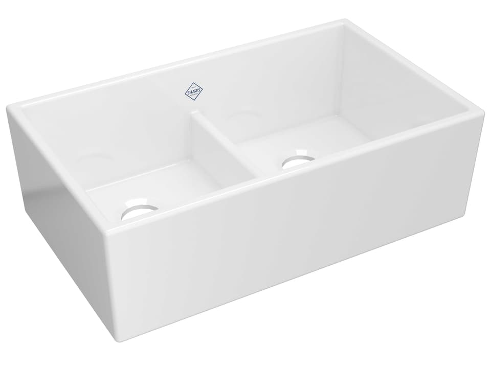 Shaker 33-Inch Low Divide Double Bowl Apron Front Fireclay Kitchen Sink White
