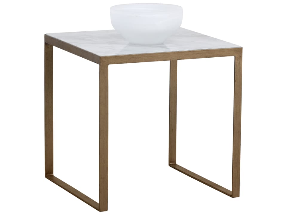 Evert Square End Table White Italian Marble with Antique Brass Iron Frame