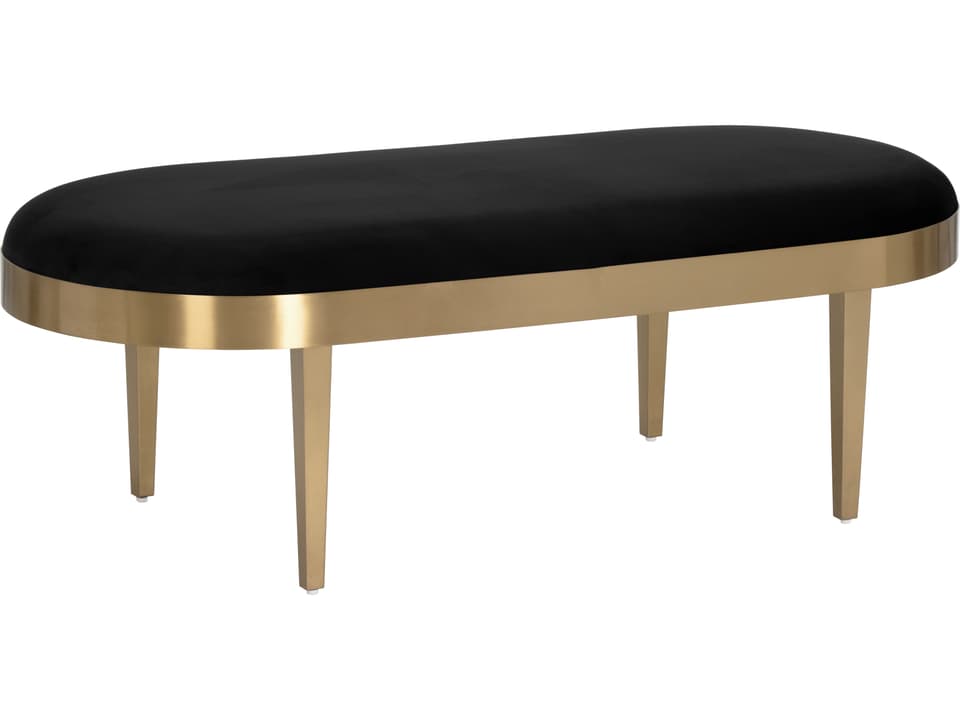 Jolie Oval Bench in Black Sky Fabric with Gold Frame