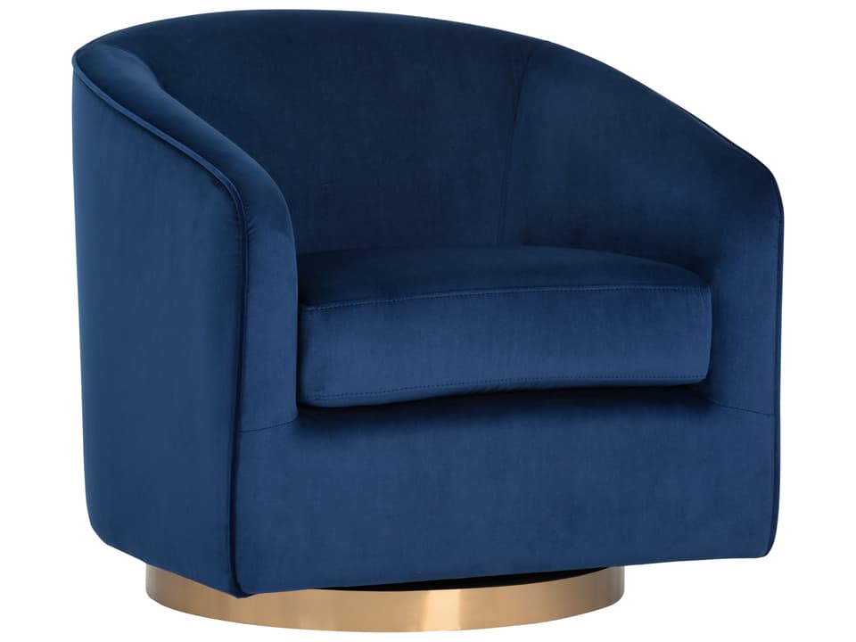 Hazel Swivel Lounge Chair in Navy Blue Sky Velvet and Antique Brass