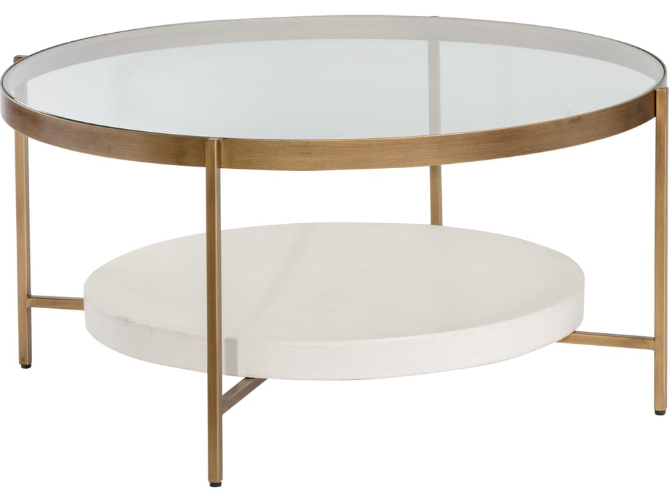 Mixt Gia Round Coffee Table in Clear Glass White Concrete and Antique Brass
