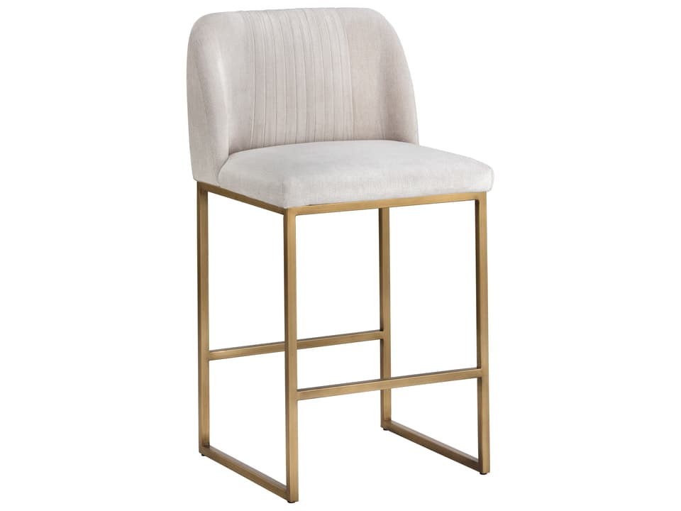 Nevin Upholstered Counter Stool in Polo Club Muslin and Antique Brass