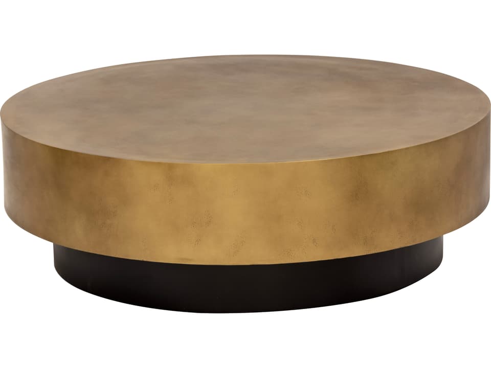 Bernaby Round Coffee Table with Antique Brass Metal Top and Black Base
