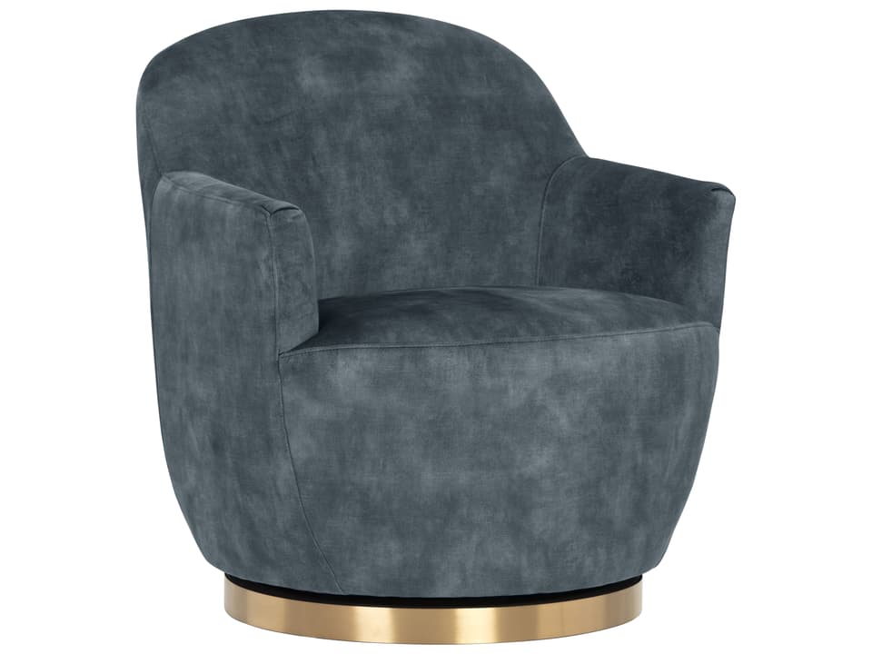 Casey Swivel Accent Chair in Blue Fabric with Gold Base