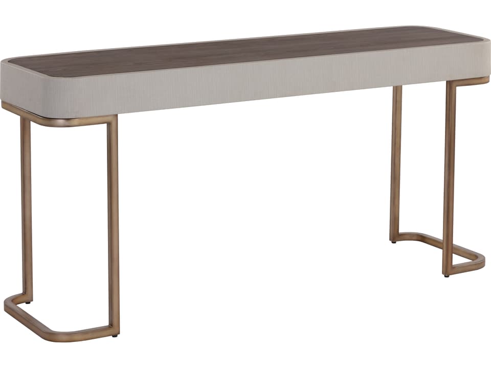 Jamille Cream Faux Leather Console Table with Brown Oak Top