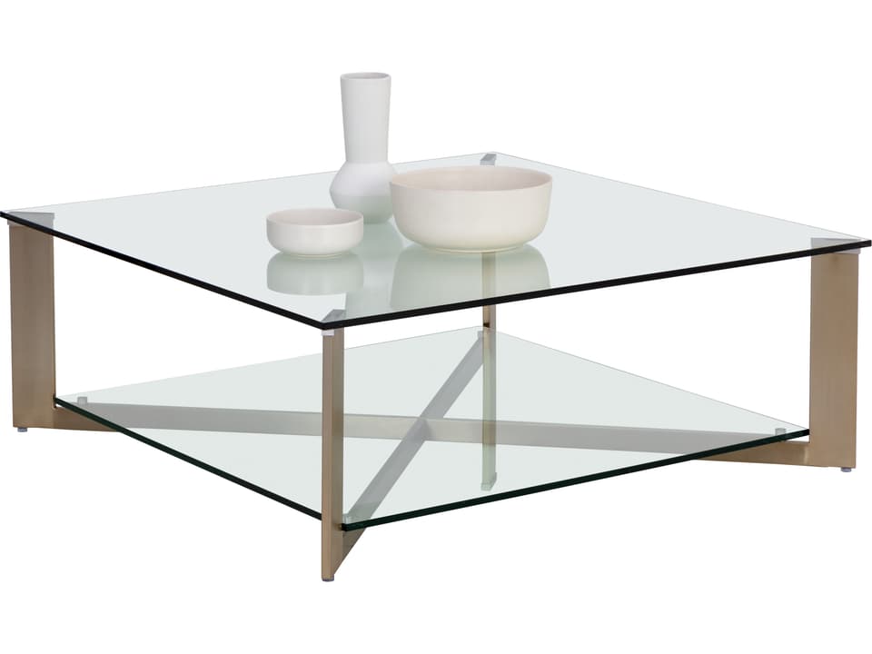 Xavier Square Glass Coffee Table with Antique Brass Frame