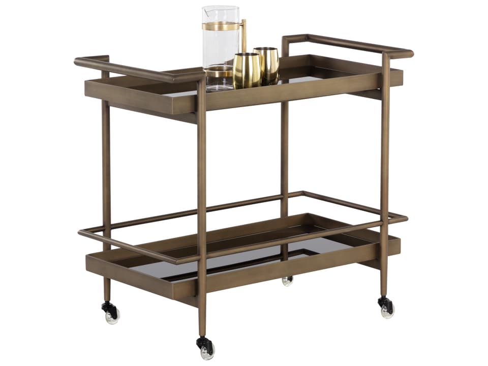 Livingston Bar Cart with Black Glass Shelves in Antique Brass