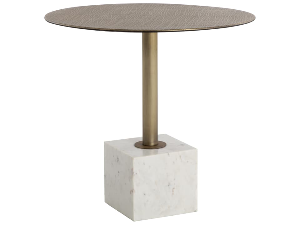 Kata Round White Marble Dining Table with Brushed Antique Brass Base