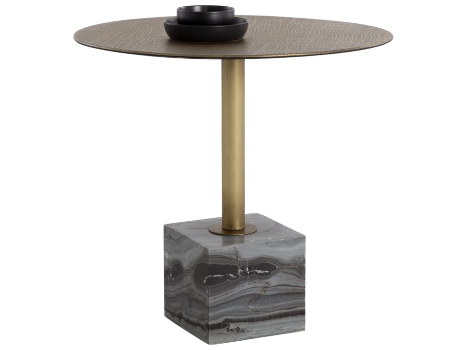 Kata 32-Inch Round Bistro Table in Grey Marble and Antique Brass