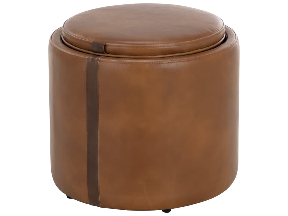 Borelli Round Storage Ottoman in Tobacco Tan and Autumn Chestnut Faux Leather