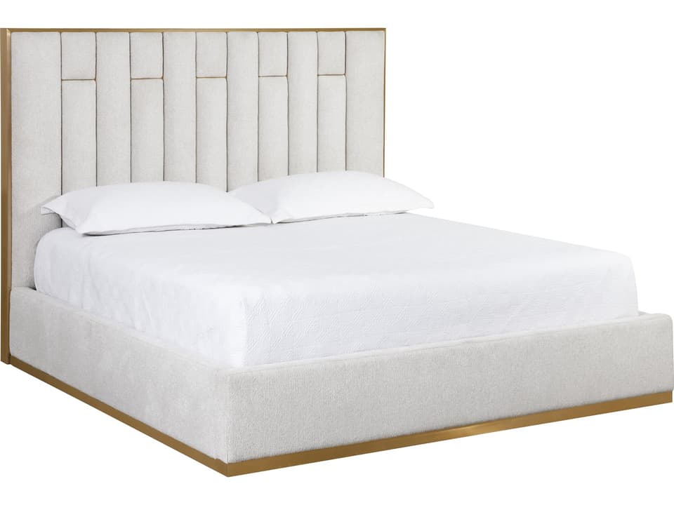 Nemu King Upholstered Platform Bed in Rhea Light Barley with Gold Base
