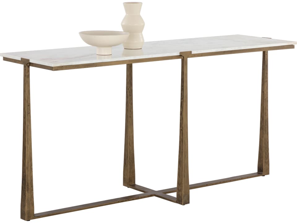 Cowell Rectangle Console Table with White Marble Top and Antique Brass Base