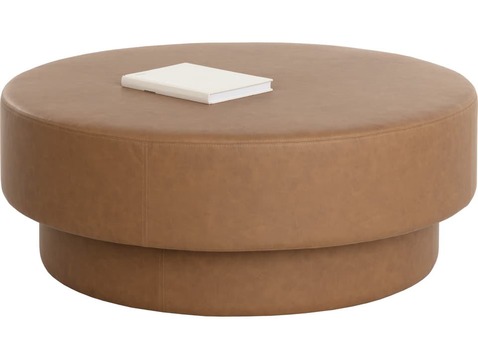 Arlo Round Faux Leather Ottoman in Milliken Cognac