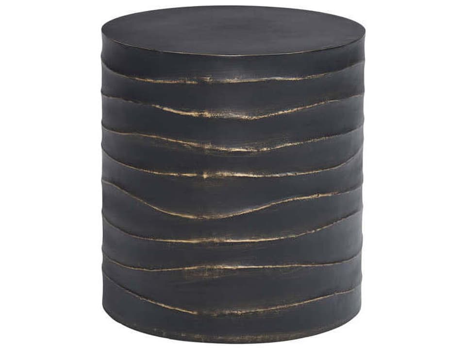 Solterra Corey Concrete Round End Table with Brass Accents in Black
