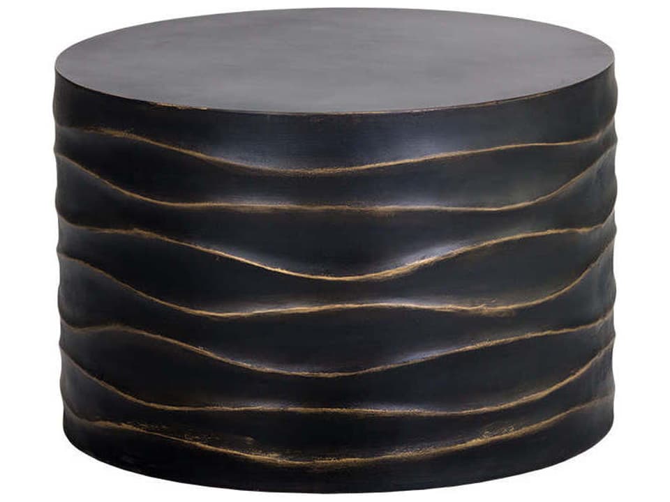 Solterra Corey Round Concrete Coffee Table in Black with Brass Accents