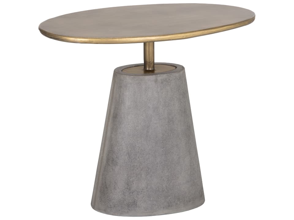 Sunpan Kadin Oval Outdoor Side Table with Grey Concrete Base and Brushed Brass Top
