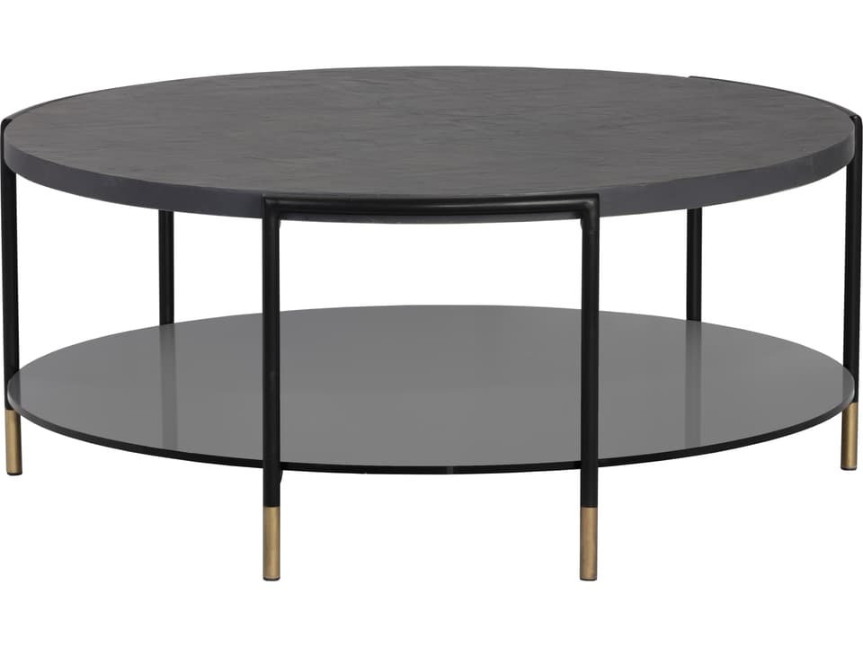 Solterra Zuma Black Concrete Round Coffee Table with Tempered Glass Shelf