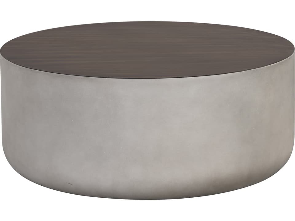 Solterra Diaz Round Concrete Coffee Table in Grey with Wood Grain Brown Top