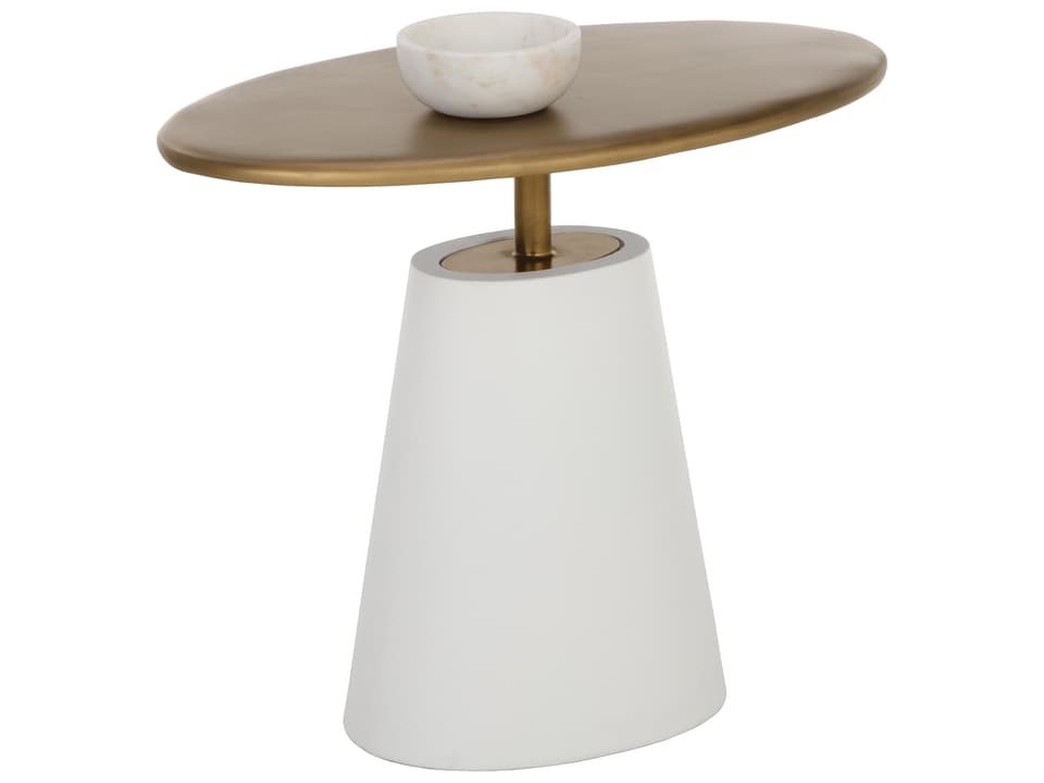 Kadin Oval End Table in White Concrete and Antique Brass