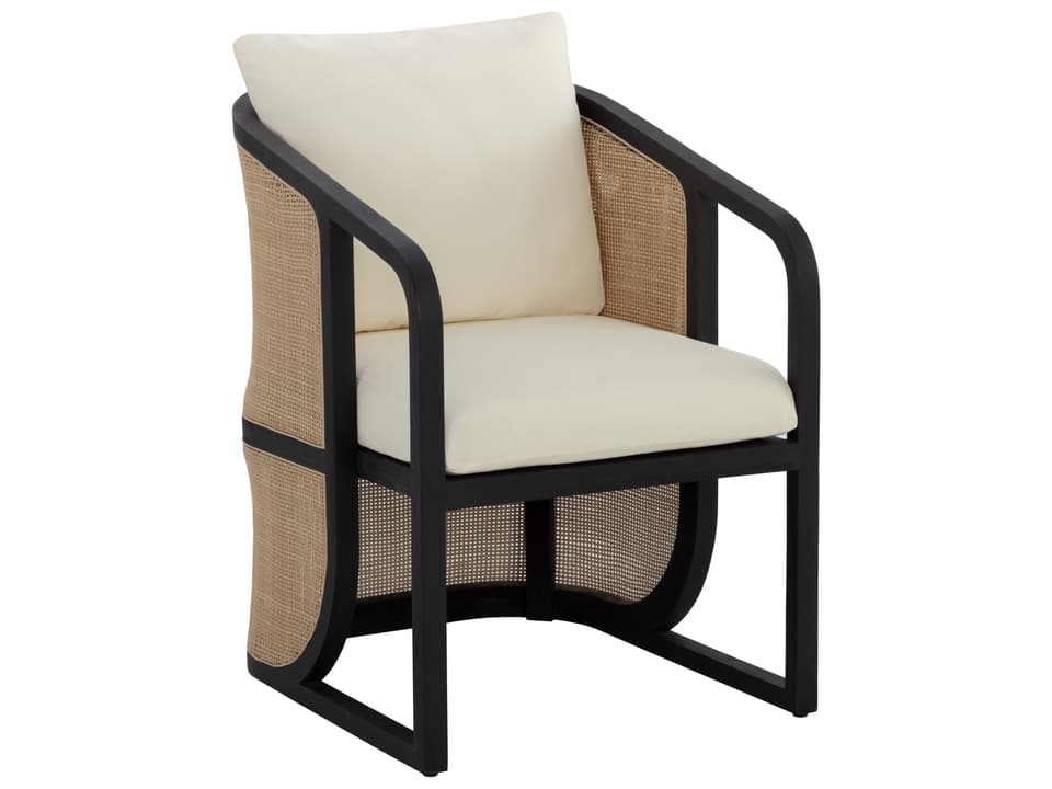 Palermo Teak Wood Wicker Dining Arm Chair in Charcoal and Stinson Cream