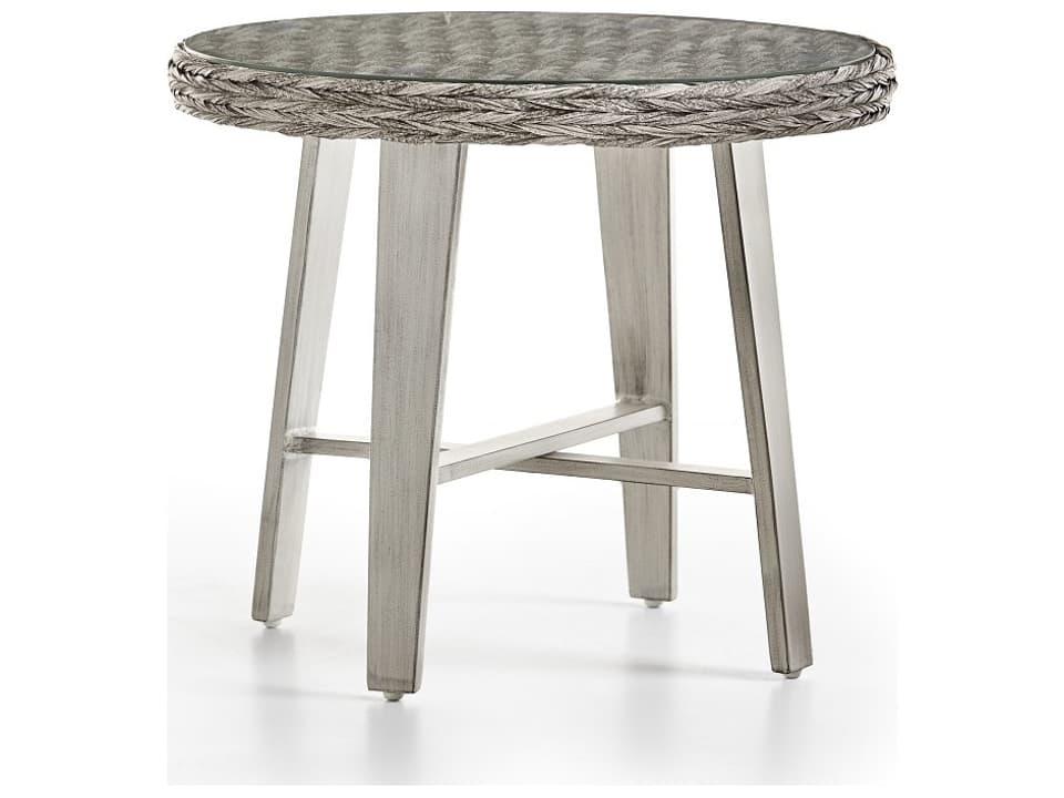 Grand Isle Round Glass Top End Table in High-Density Polyethylene Wicker