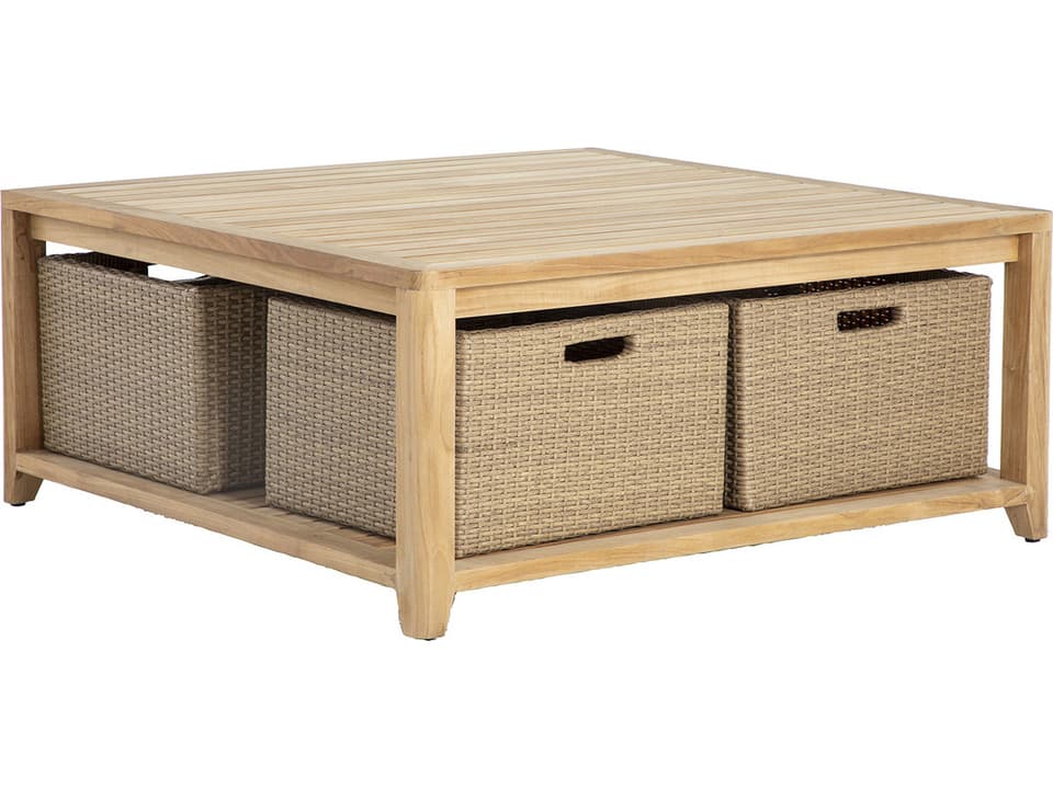 Chesapeake Square Teak and Wicker 4-Basket Storage Coffee Table in Natural