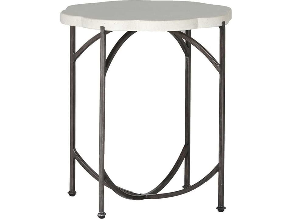Gillian Round Wrought Iron End Table in Charcoal and Travertine