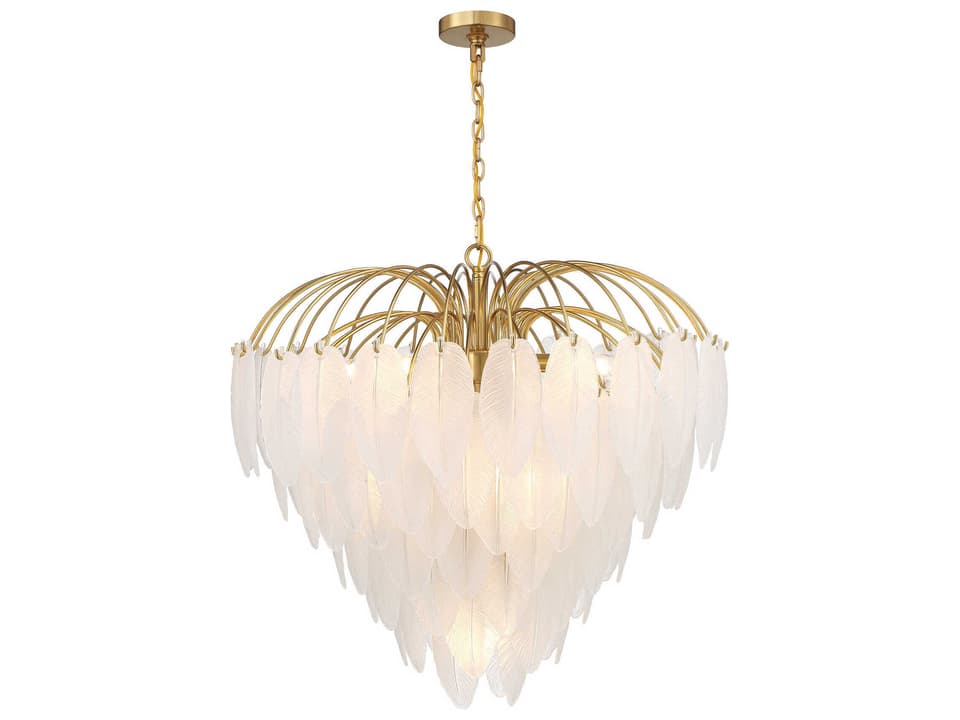 9-Light Boa Chandelier in Warm Brass with Frosted Glass Feathers