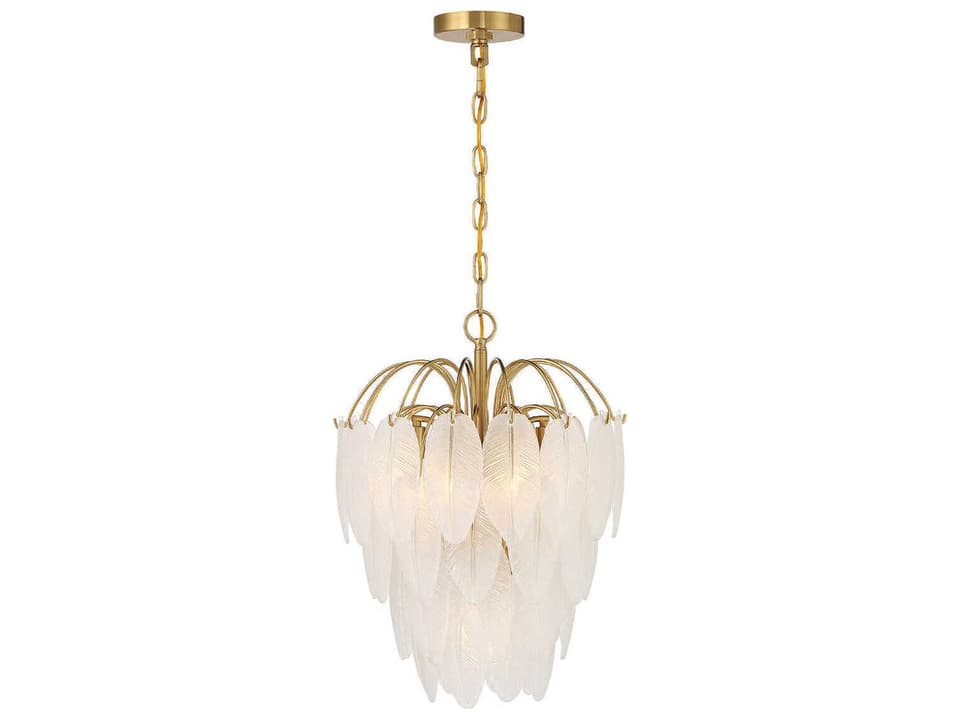 5-Light Boa Chandelier in Warm Brass with Frosted Glass Feathers