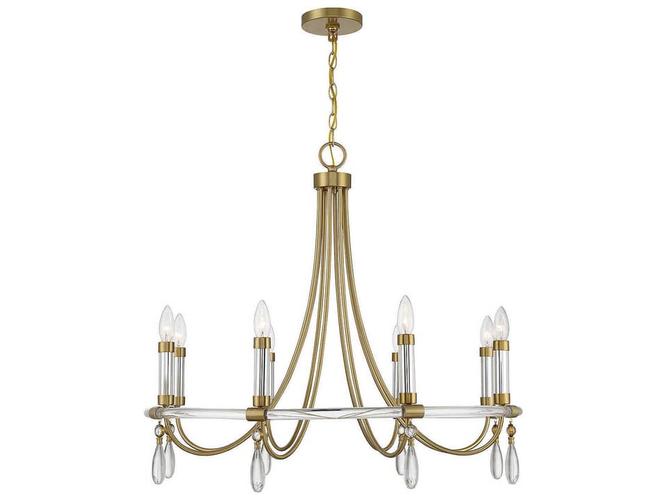 8-Light Mayfair Chandelier in Warm Brass and Chrome with Crystal Drops