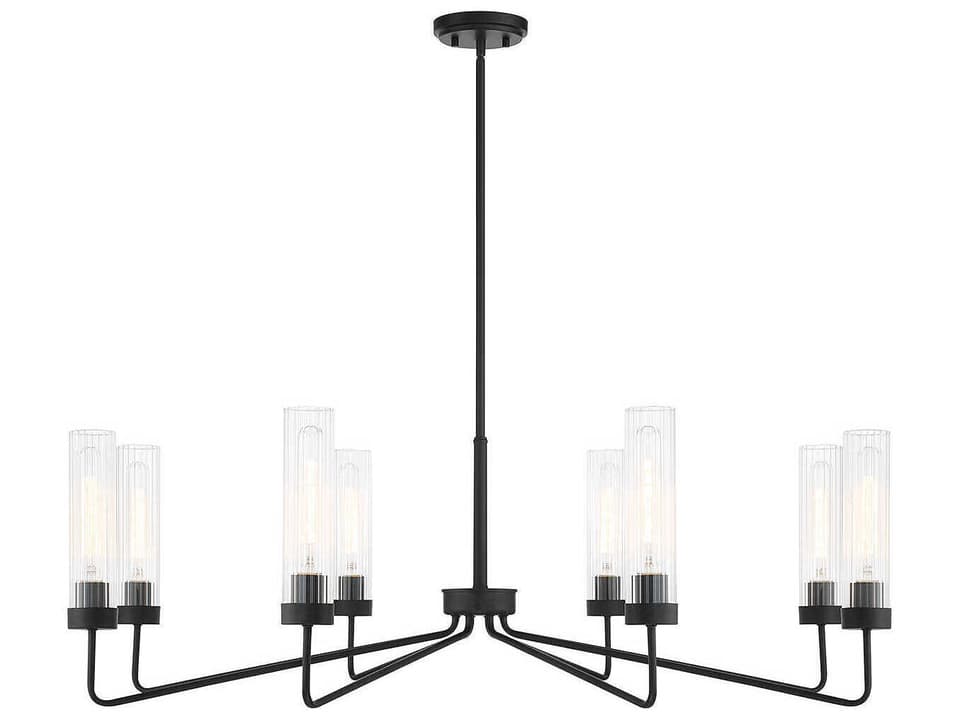 8-Light Baker Chandelier in Matte Black with Clear Ribbed Glass