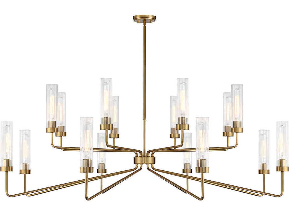 16-Light Baker Chandelier in Warm Brass with Clear Ribbed Glass
