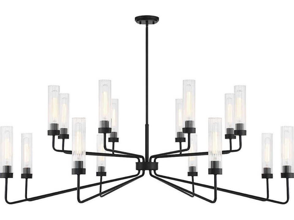 16-Light Baker Chandelier with Clear Ribbed Glass in Matte Black