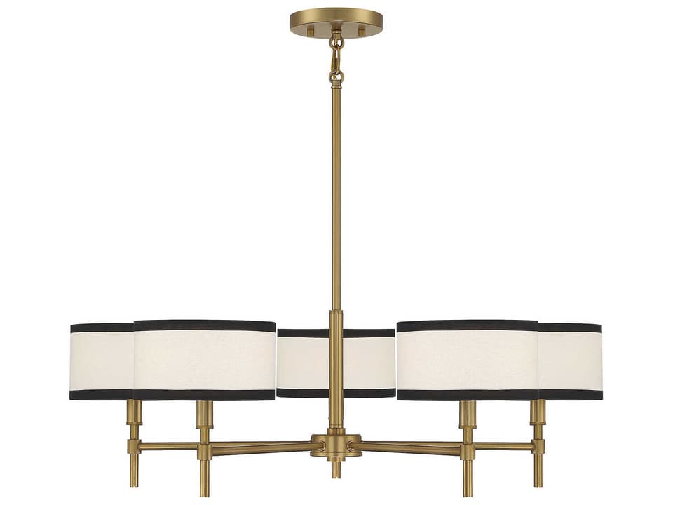 Meridian 5-Light Chandelier in Natural Brass with White Fabric Shades