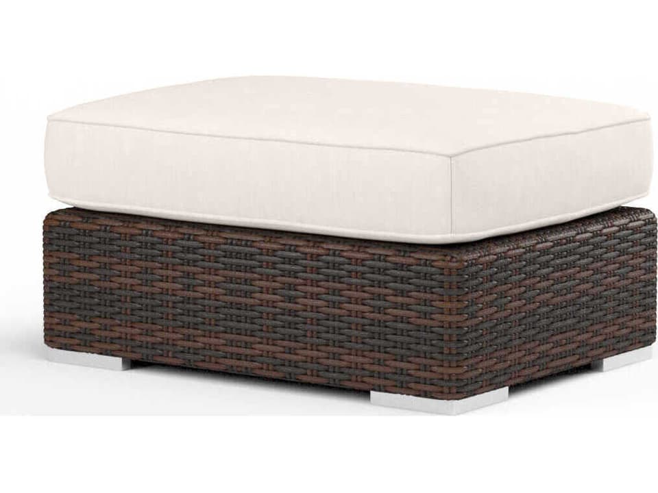Montecito Cognac Wicker Ottoman with Sunbrella Canvas Flax Cushion