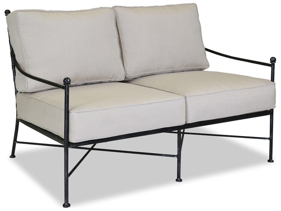Provence Wrought Iron Outdoor Loveseat in Canvas Flax with Self Welt
