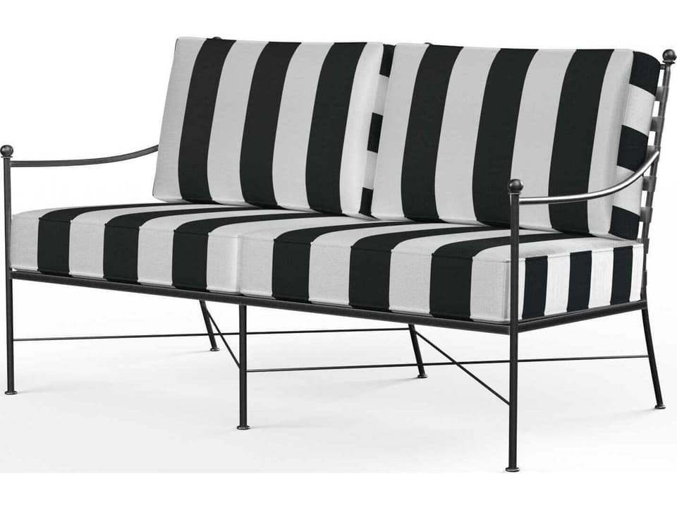 Provence Wrought Iron Outdoor Loveseat in Century Pewter and Sunbrella Canvas Flax