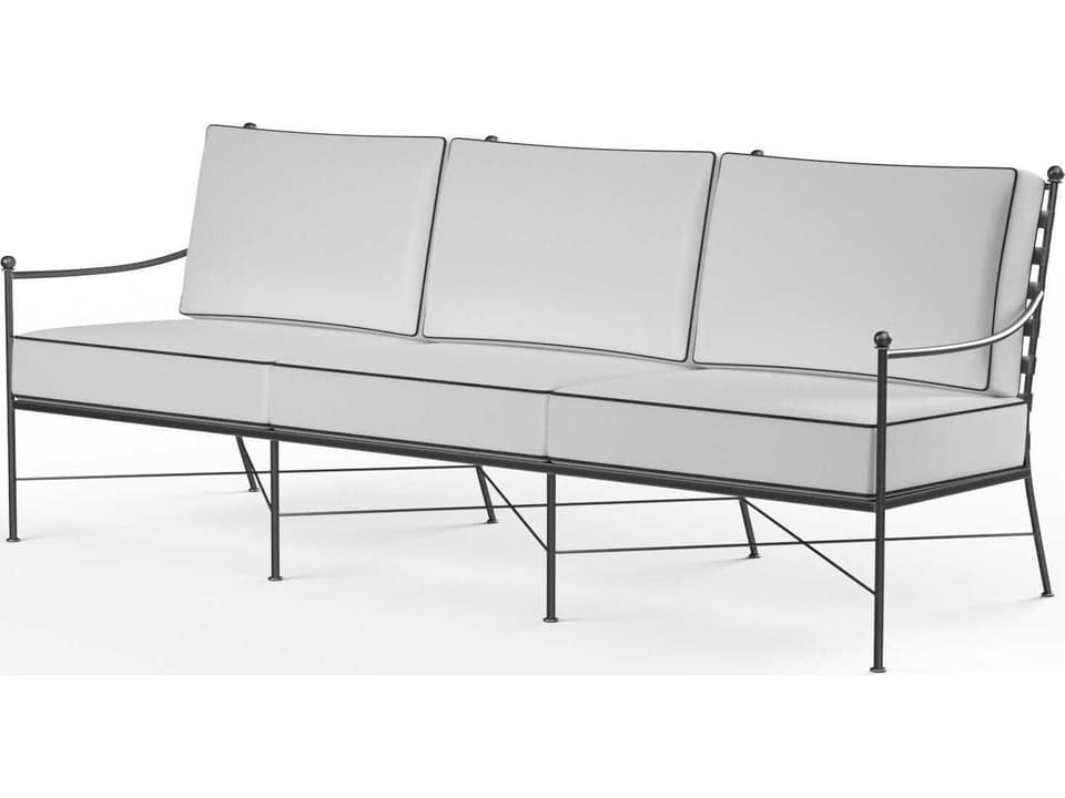 Provence Pewter Wrought Iron Cushion Sofa in Canvas Natural fabric w/ Contrast Spectrum Carbon Welt