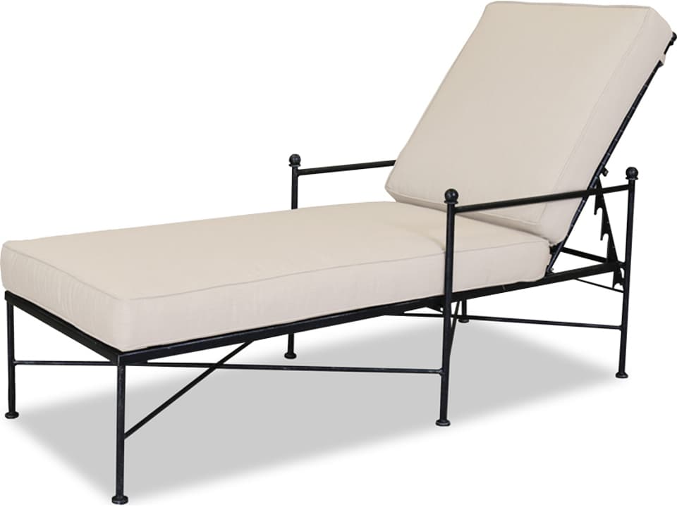 Provence Wrought Iron Outdoor Chaise Lounge in Century Pewter with Sunbrella Canvas Flax