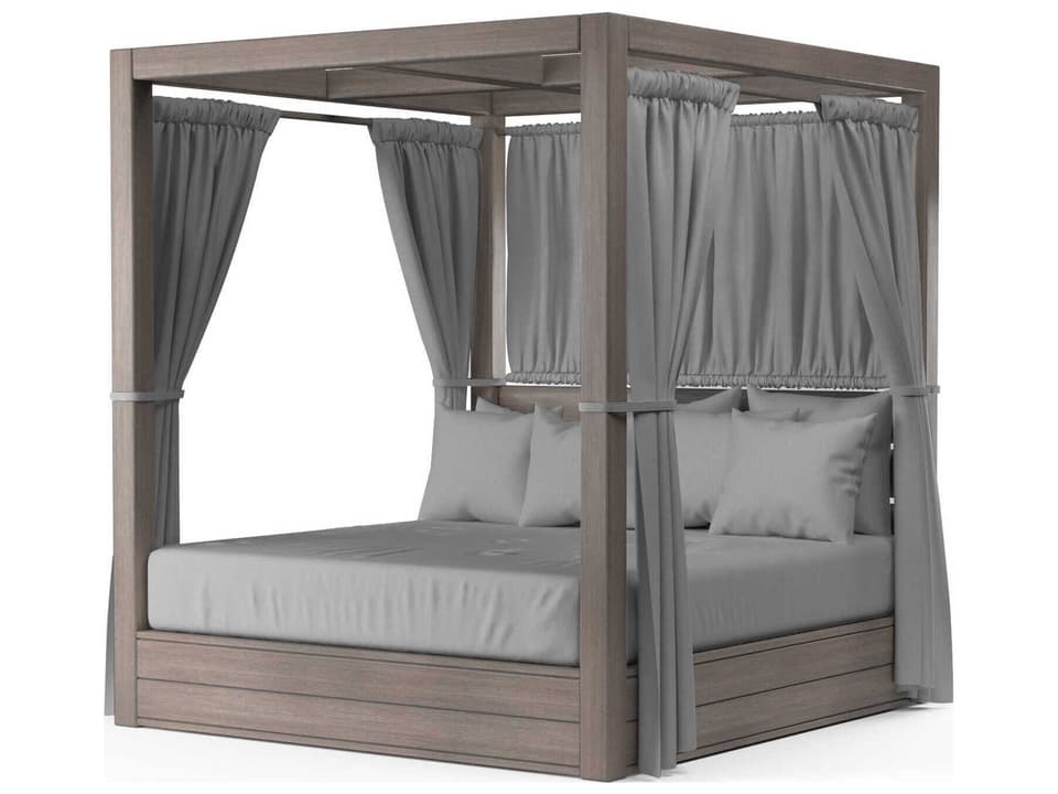 Laguna Driftwood Aluminum Outdoor Lounge Bed with Canopy and Sunbrella Cushions