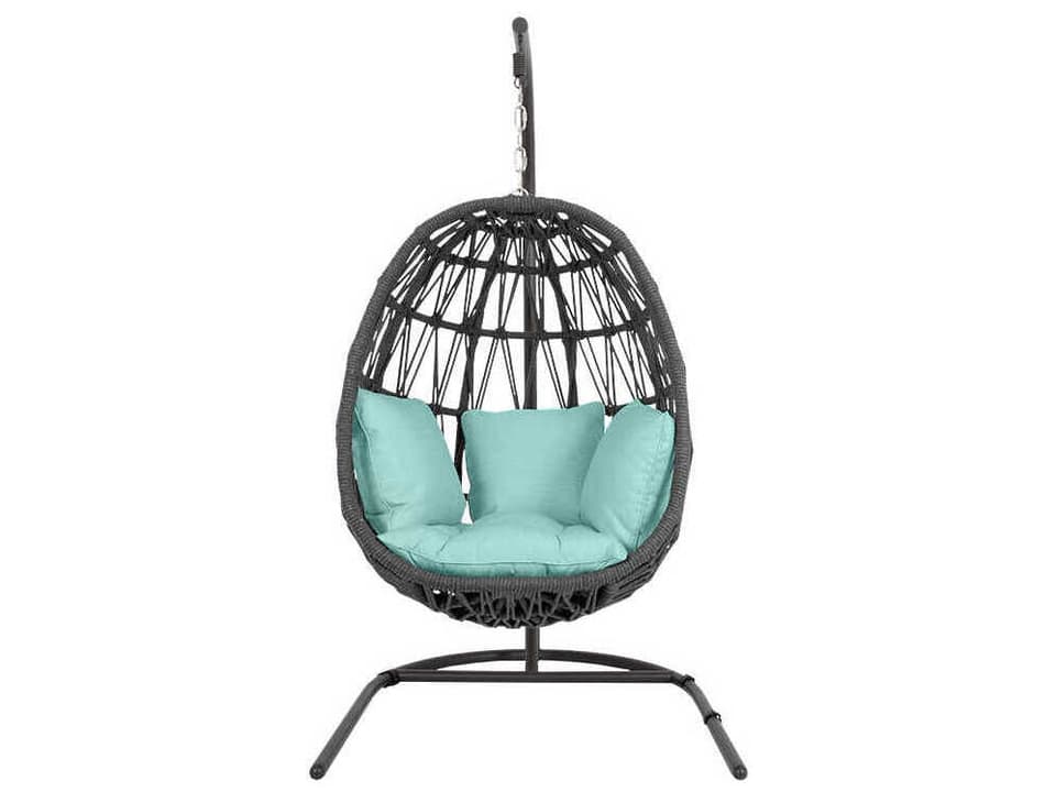 Milano Slate Rope Hanging Chair with Sunbrella Cushions in Dupione Celeste