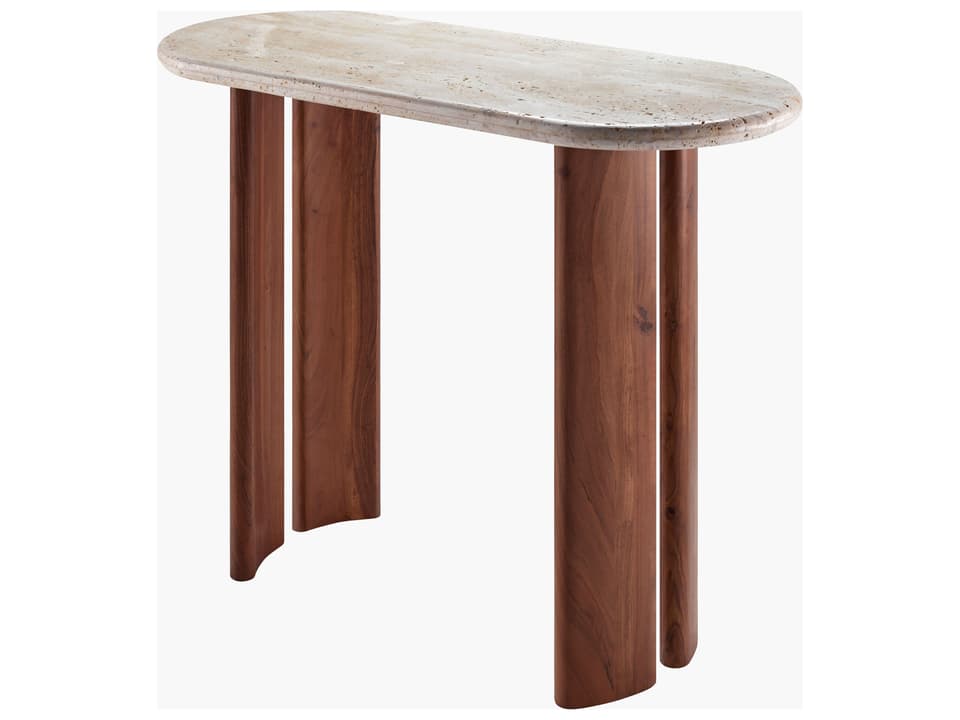 Abacus Oval Console Table with Travertine Top and Lacquered Acacia Base