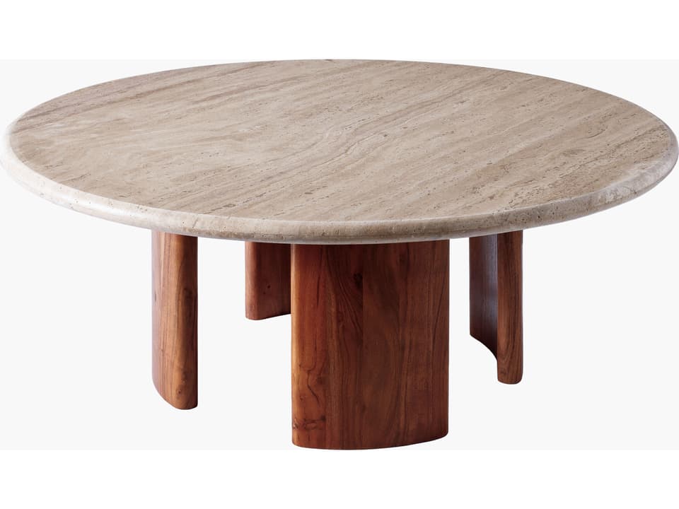 Abacus Round Coffee Table in Cream Travertine and Brown Acacia
