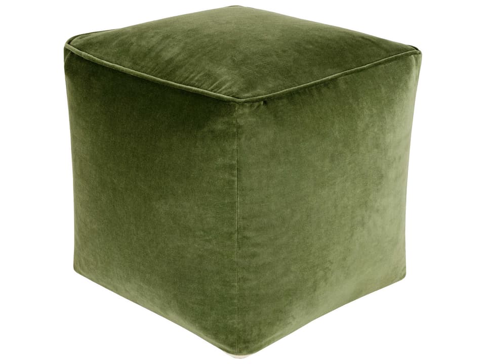 Cotton Velvet Square Pouf in Olive Green