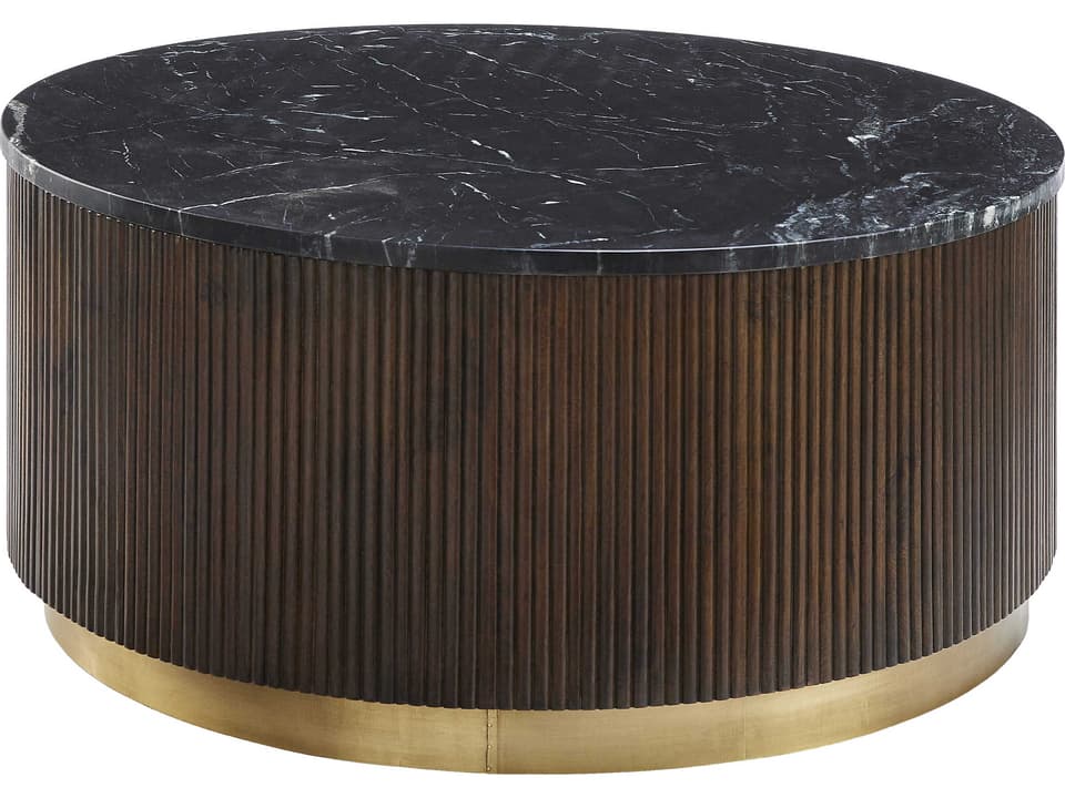 Nems Round Black Marble Coffee Table with Dark Brown Mango Wood Base