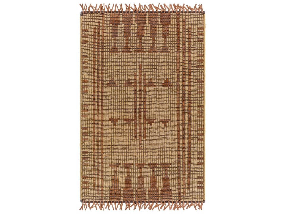 Touareg Geometric Hand Woven Jute and Leather Area Rug in Mustard Brown