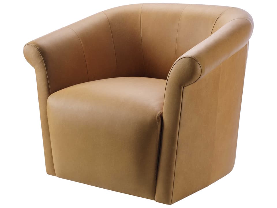 Trumpet Swivel Accent Chair in Camel Leather with Silver Base